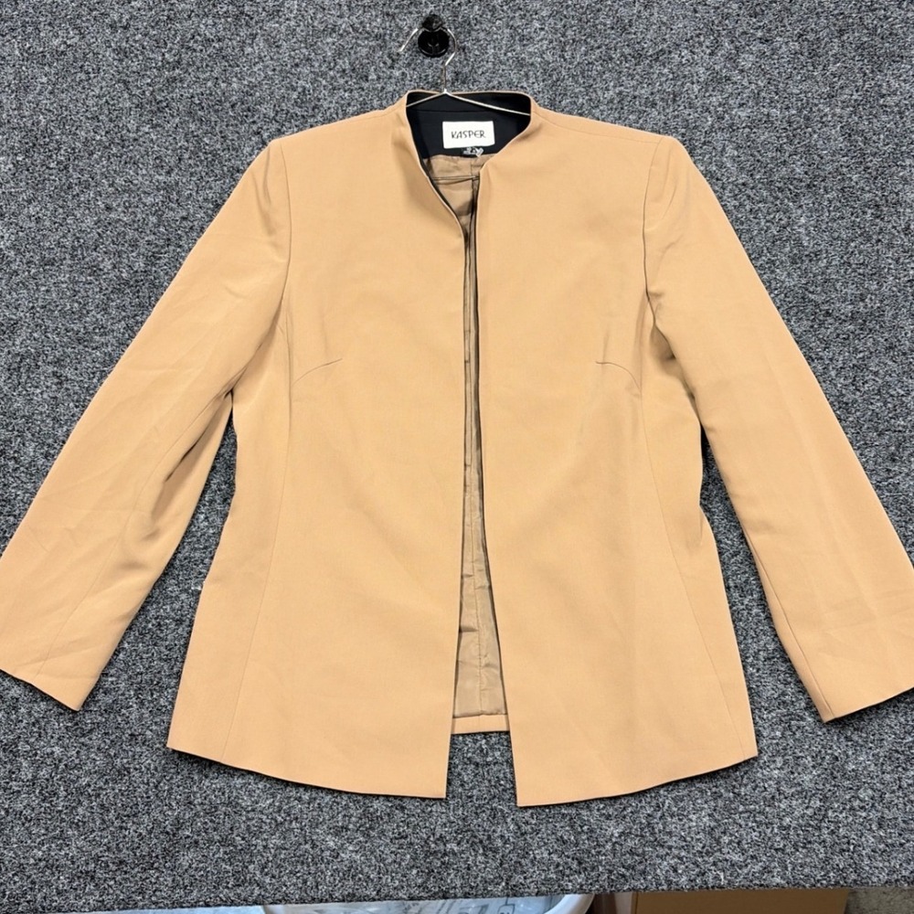 Kasper Blazer Women 10 Tan Open Front Collarless Lined Professional Workwear